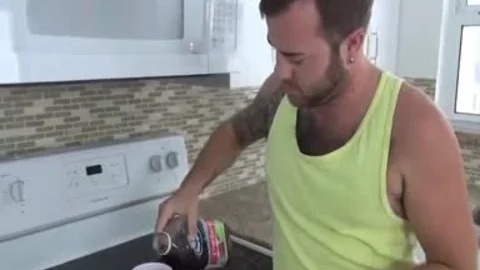 Hungry dad Devour His Teddy Bear In The Kitchen