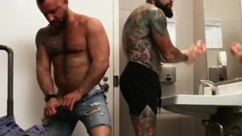 Pup & Tank Have Messy unprotected Sex In Airport lavatory - ass Love